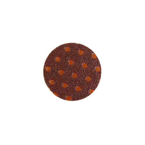 A round, brown sandpaper disc with evenly spaced orange holes set against a plain white background.