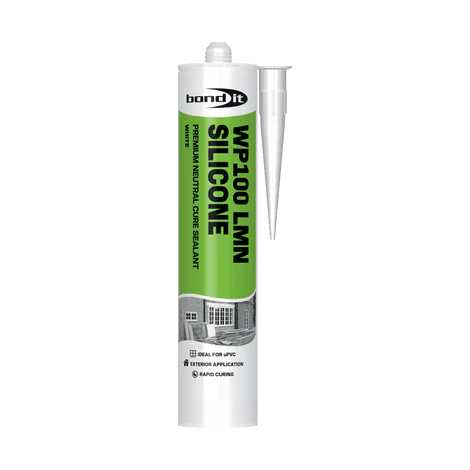 A tube of WP100 premium LMN silicone Clear, sold 12 per box, with a green and white label, building graphic, and side nozzle.