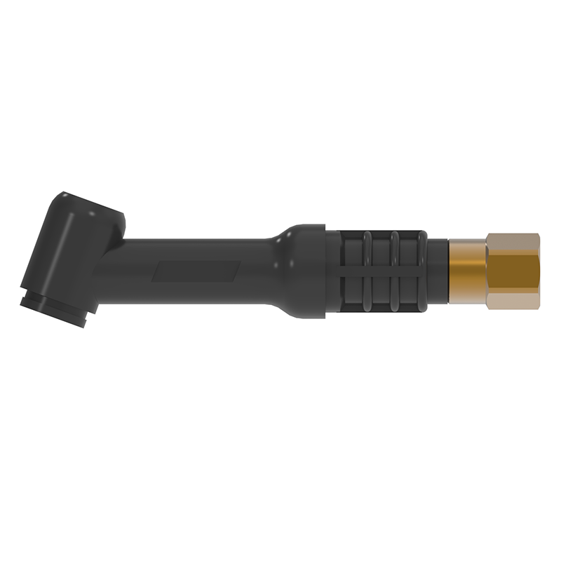 A black L-shaped connector with a textured grip and brass threaded end for the Parweld WP26fX Flexible Torch Head, on white.