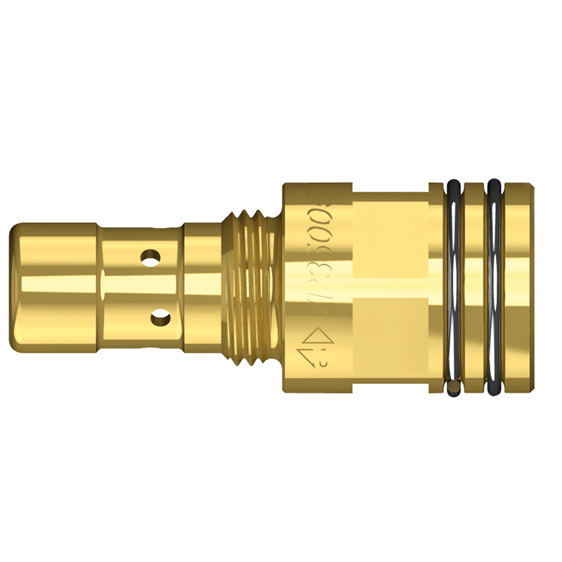 A gold M10 pneumatic fitting with two black O-rings, threaded midsection, and tip holes for a Parweld XP Torch Head on white background.