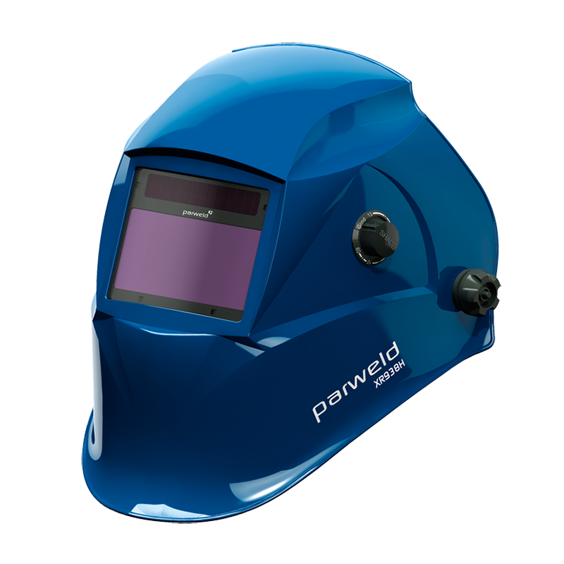 The TRUE COLOUR LIGHT REACTIVE WELD & GRIND HELMET BLUE has an auto-darkening visor and side knobs, set on a plain background.