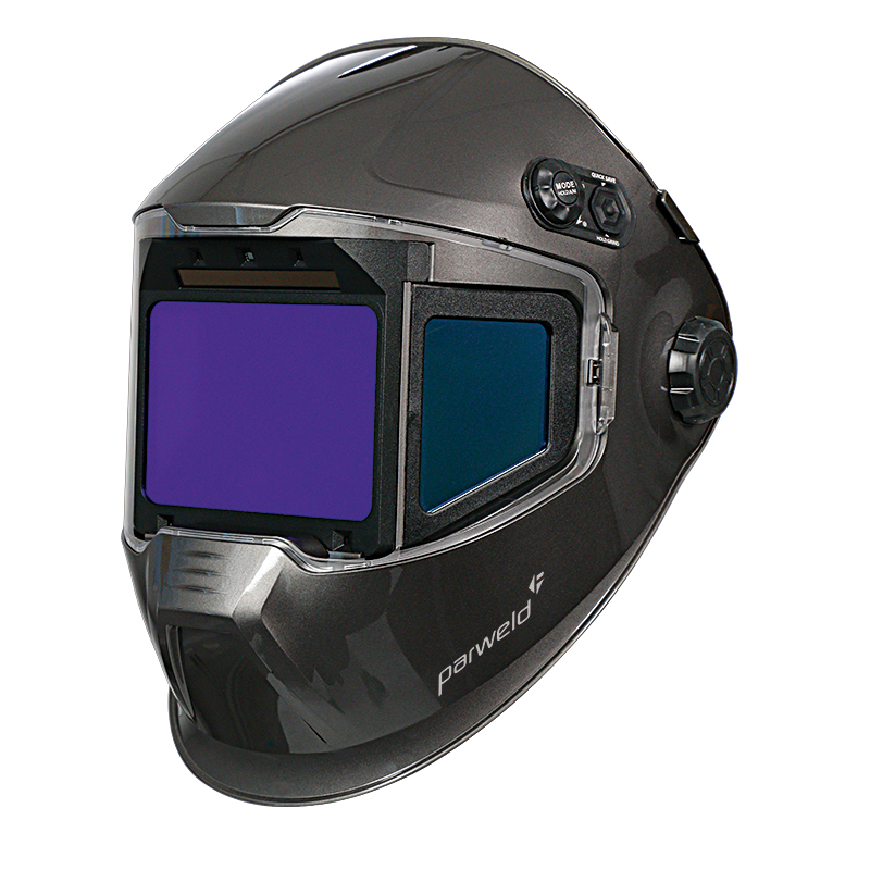 The PANORAMIC WELDING & GRINDING HELMET is dark gray with a large auto-darkening visor and side digital controls for protection.