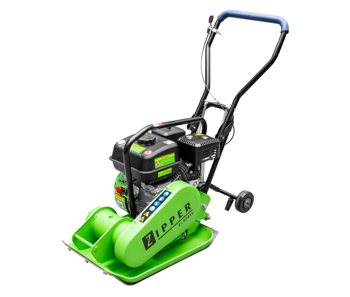 The Zipper RPE60 Vibrating Plate is a green compactor with black engine, control handles, and blue grips, used for compacting soil and asphalt.
