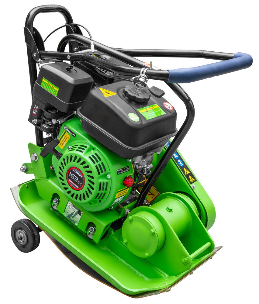 The Zipper RPE60 Vibrating Plate is a green compactor with a black engine, blue handlebar, wheels, and warning labels for compacting soil or asphalt.