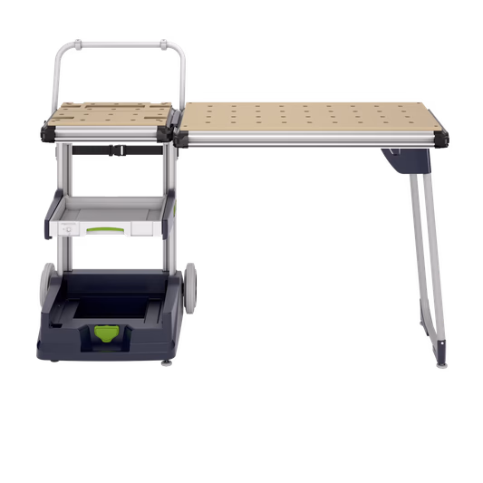 A portable, foldable workbench with a perforated surface, side tray, handle, and wheels for transport on a plain white background.
