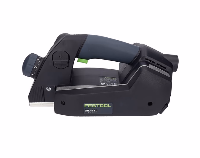 A black and gray Festool EHL 65 EQ electric hand planer is shown in side profile, with a large handle and adjustment knob.