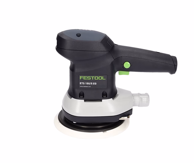 A Festool ETS 150/5 EQ electric random orbital sander with a black handle, gray body, and green accents for sanding surfaces.