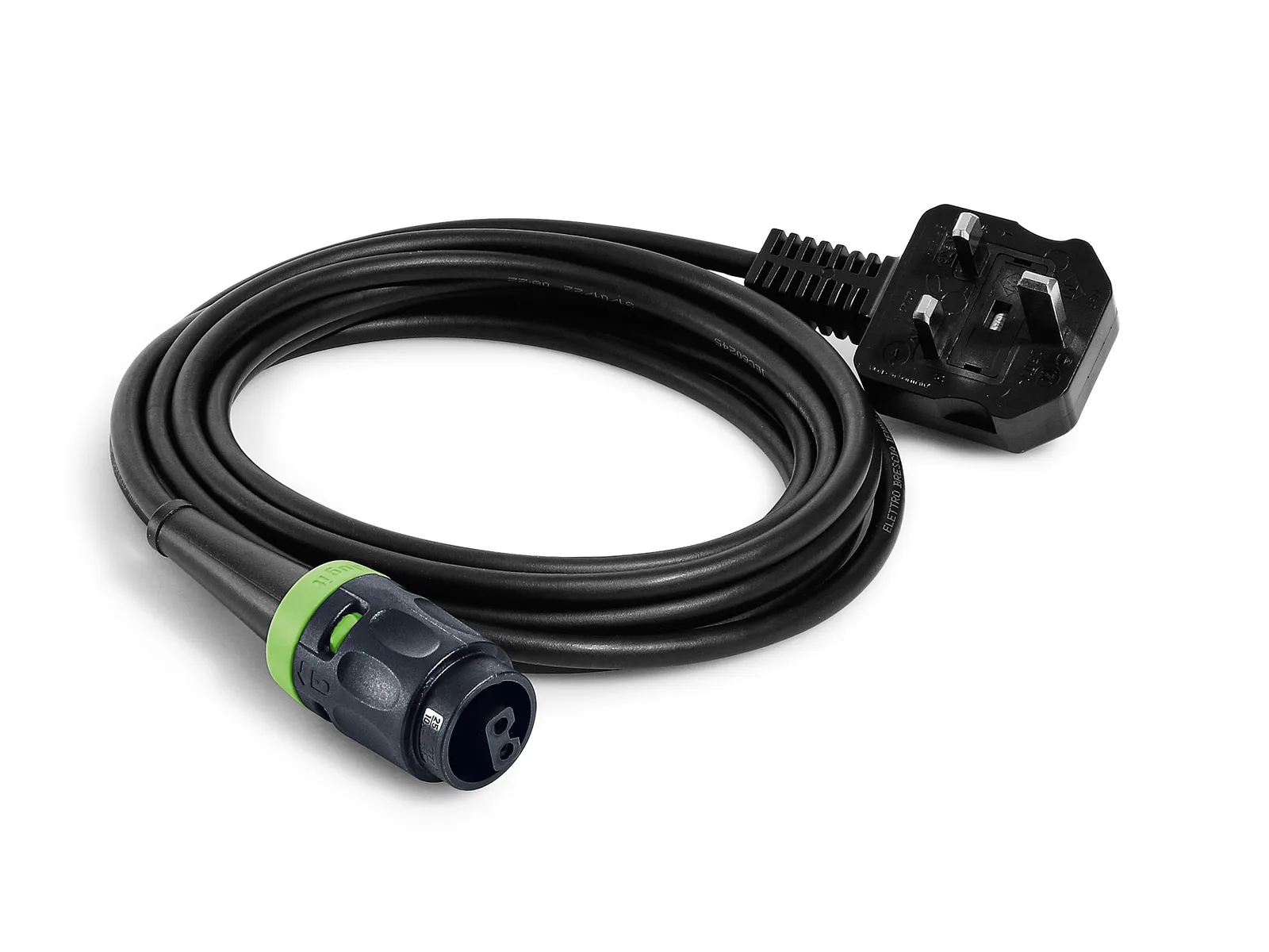 A black coiled power cable with a three-prong UK plug on one end and a green and black connector on the other, on a white background.