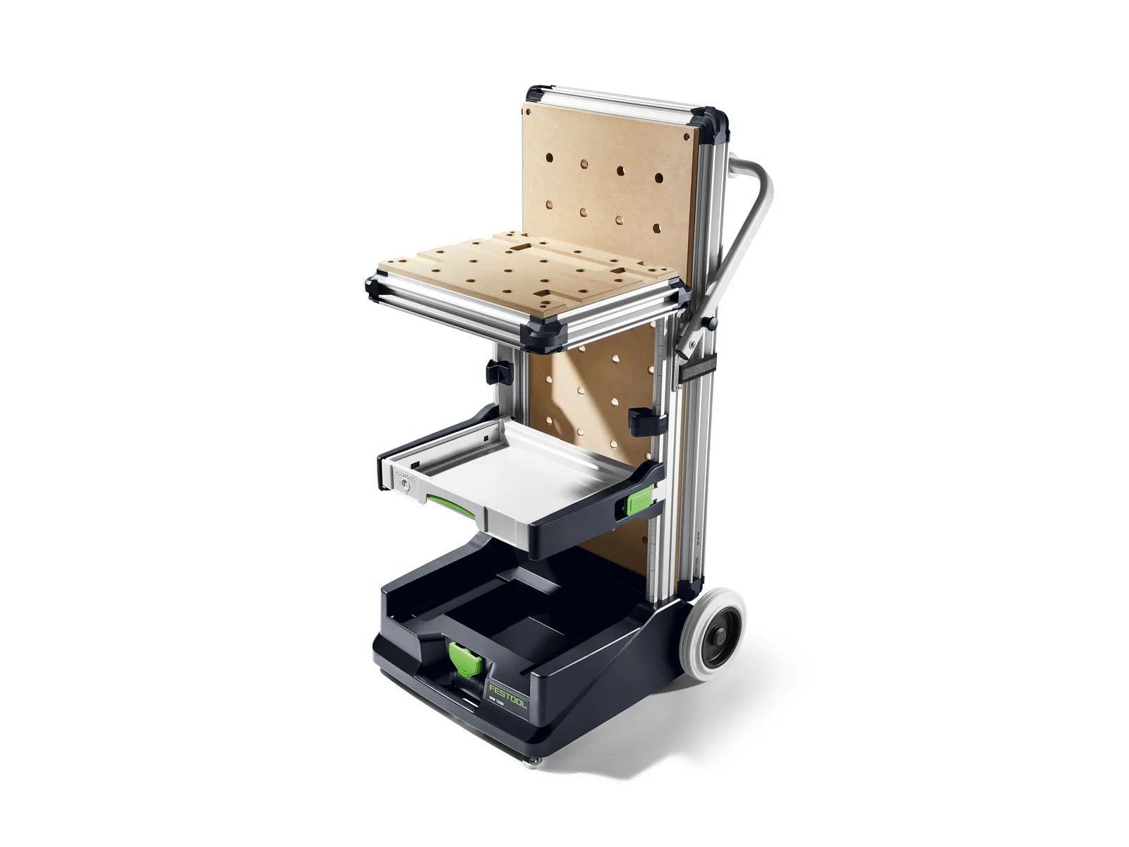 A mobile tool cart with a perforated wooden work surface, two pull-out trays, and large wheels for organizing and moving tools.