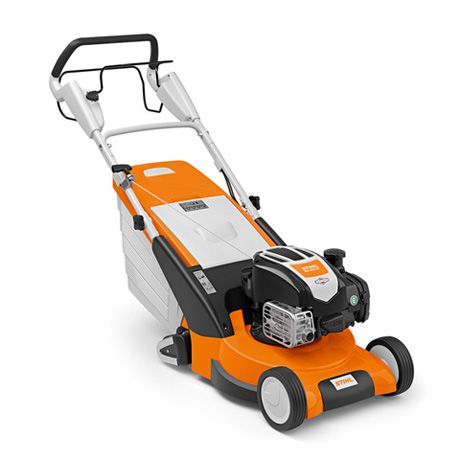 The Stihl RM545.1VR Petrol Lawnmower has a black engine, grass bag, ergonomic handlebars, and orange-white body on white background.