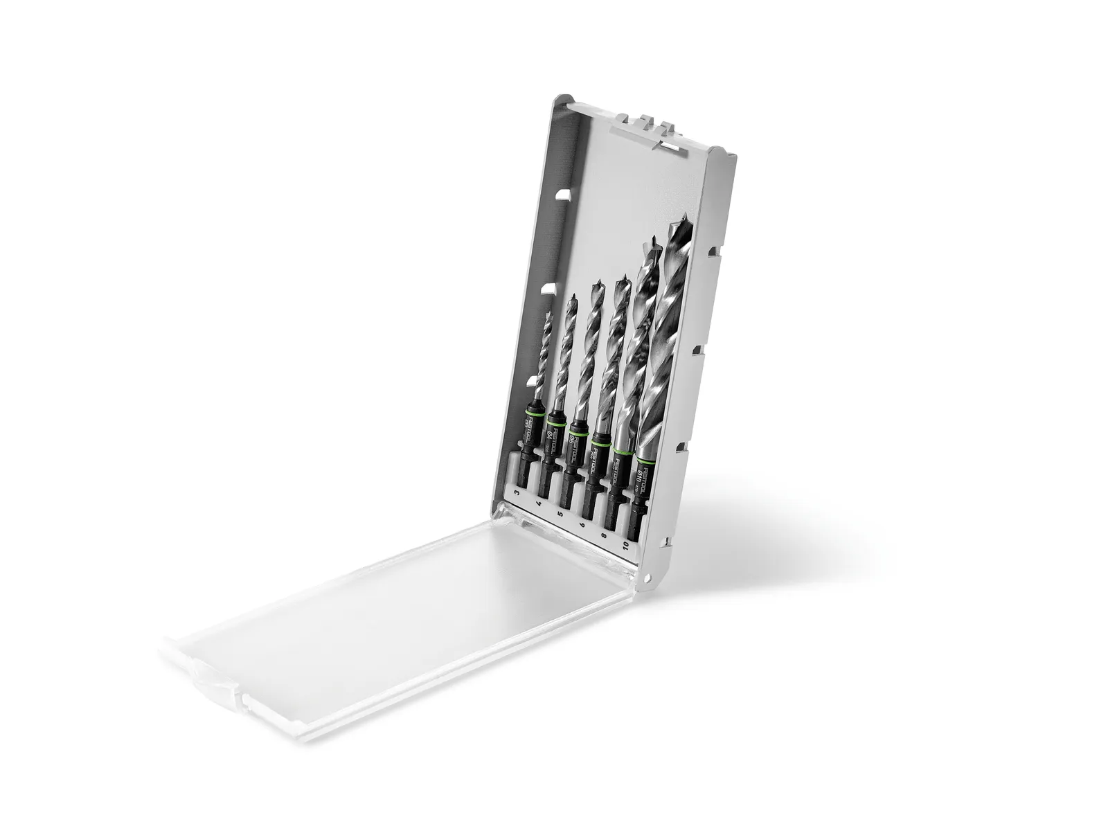 Six metal drill bits of different sizes are neatly arranged in a partially open white storage case.