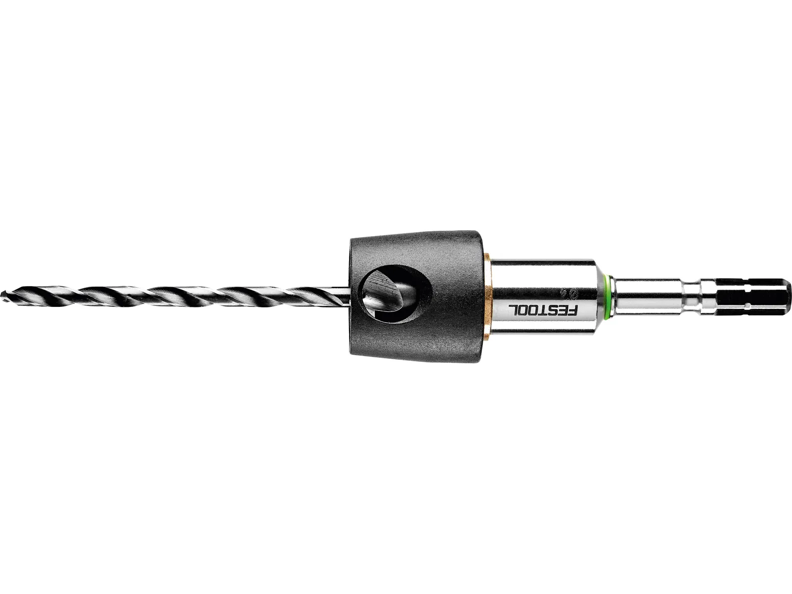 A close-up of a Festool drill bit featuring a hex shank and a black adjustable depth stop collar against a white background.
