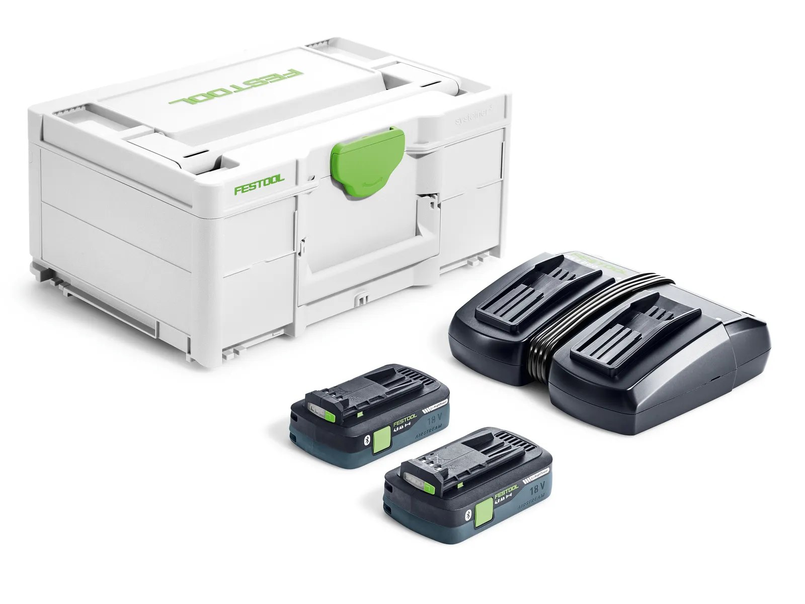 A Festool Systainer storage box with a green latch, two black lithium-ion batteries, and a dual battery charger on a white background.