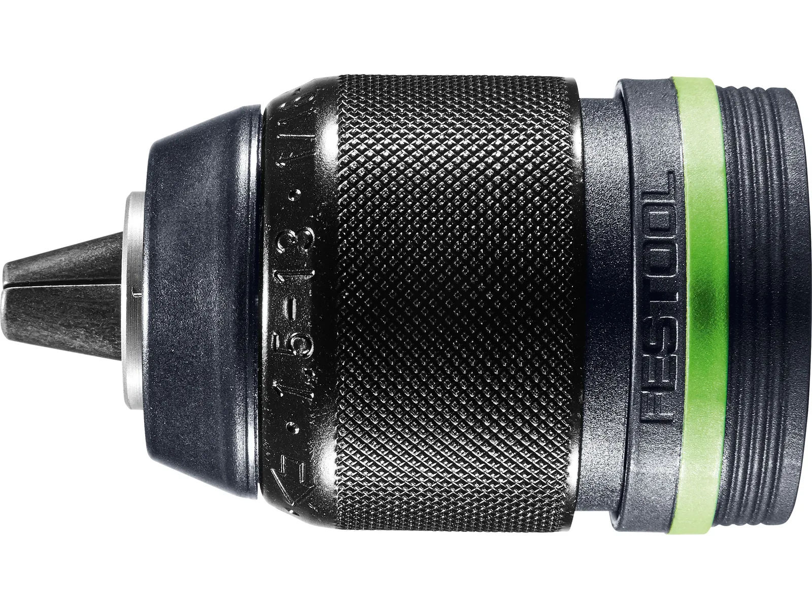 Close-up image of a Festool drill chuck with a textured black grip, metallic finish, and a green accent ring near the threaded base.