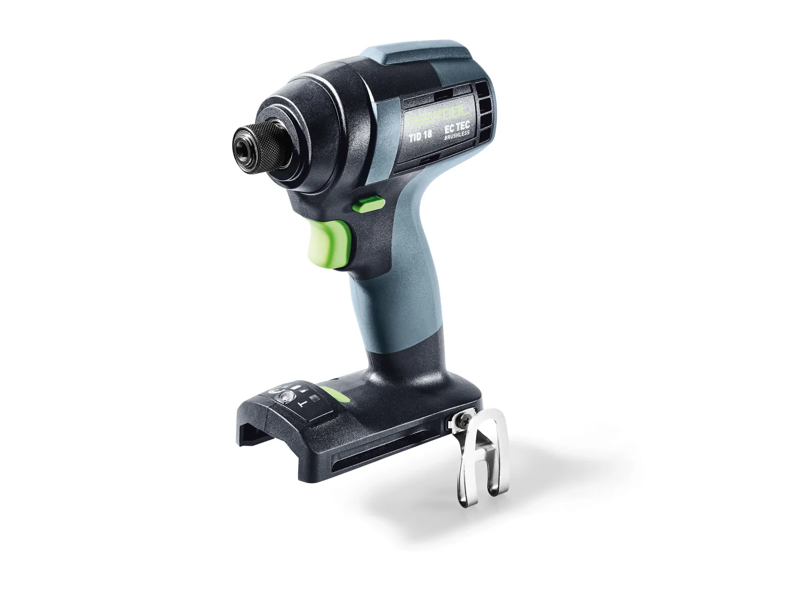 Cordless power drill with a black and green handle, silver accents, and a metal belt clip at the base, standing upright on white.