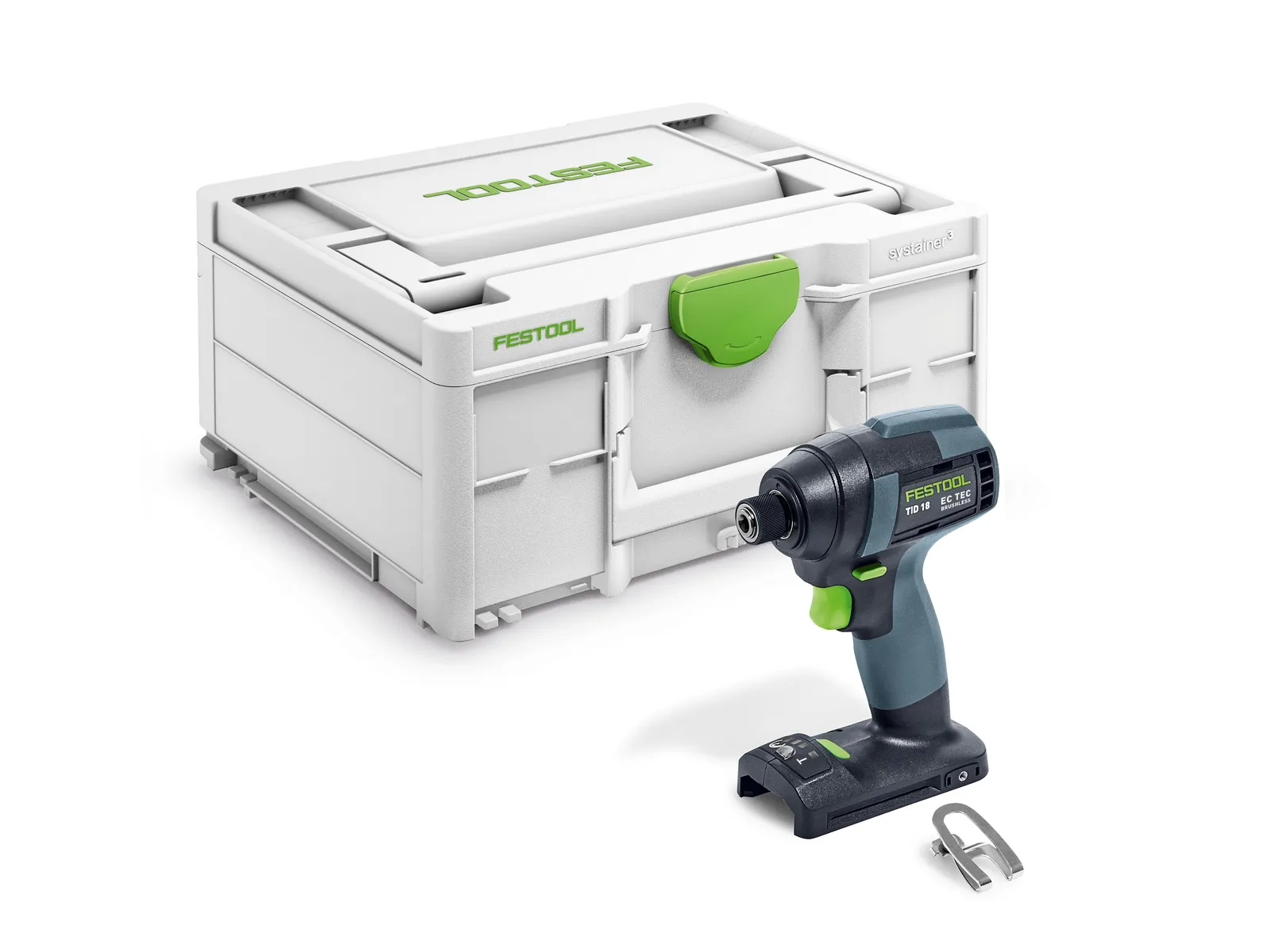 A Festool cordless impact driver with a black and green handle sits before a white and green Festool storage case, with a metal accessory nearby.