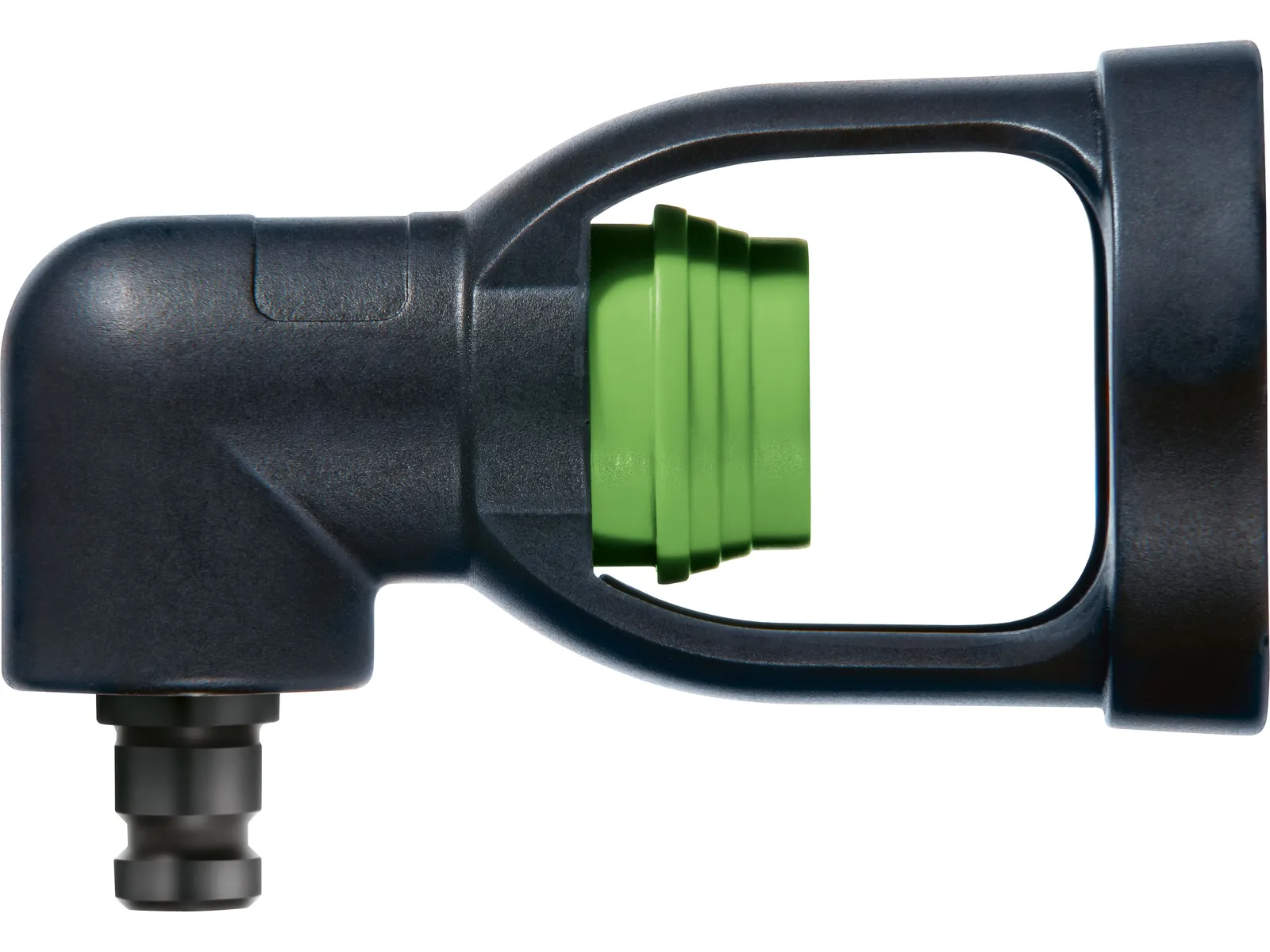 A close-up of a black and green plastic hose connector with a right-angle design and ribbed green center, on a white background.