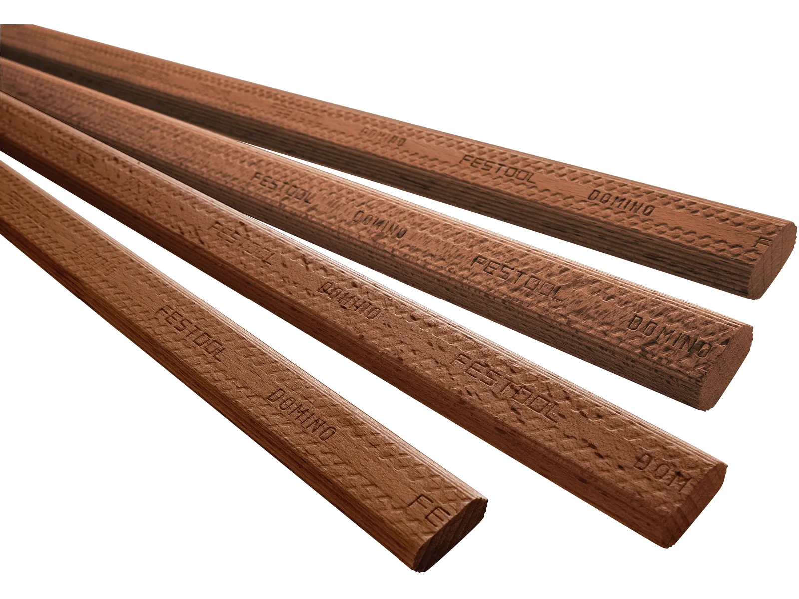 Four brown wooden dowels with grooved surfaces are arranged diagonally on a white background.