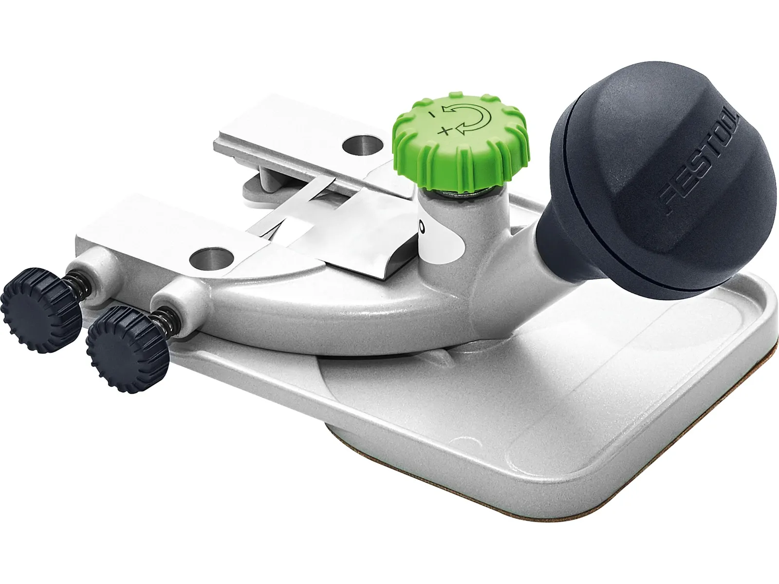 A silver Festool tool with black adjustment knobs, a green dial, and a black handle on a flat rectangular base for precise measuring.