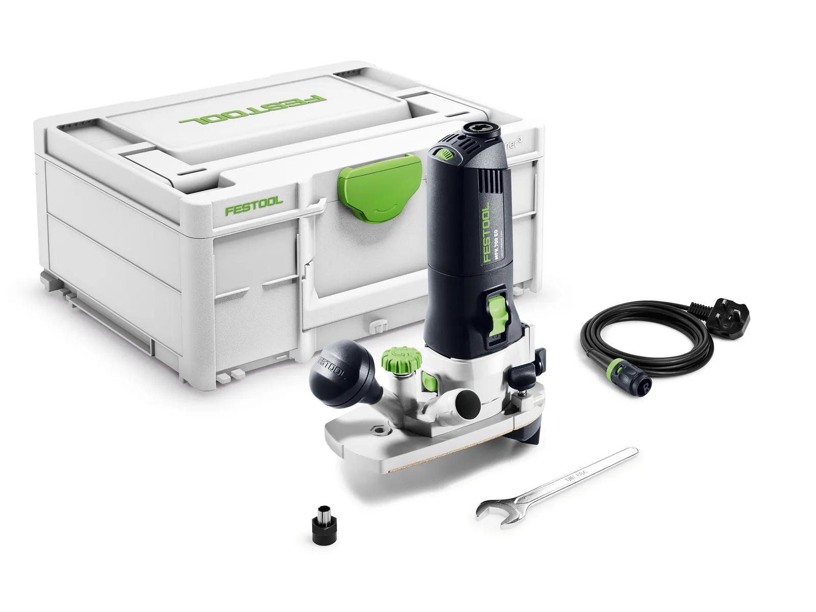 A Festool router tool set with a router, storage case, wrench, power cable, and accessory displayed on a white background.