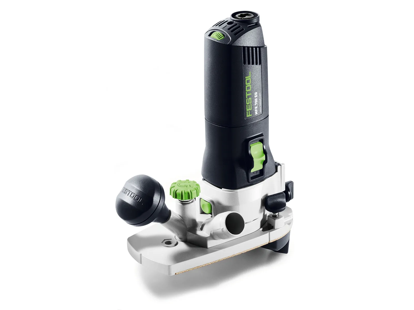 A Festool handheld power tool featuring a black and white body, green accents, and front handle for precision woodworking and edge routing.