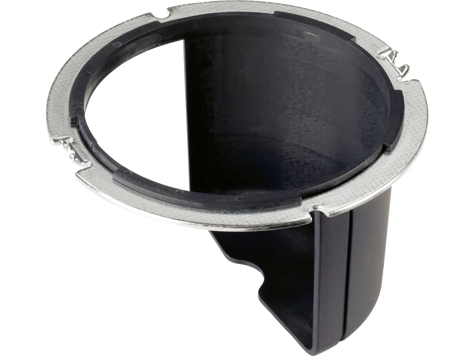 A black plastic cup holder insert with a round metal rim, open at the top and tapered at the bottom, for a car console.
