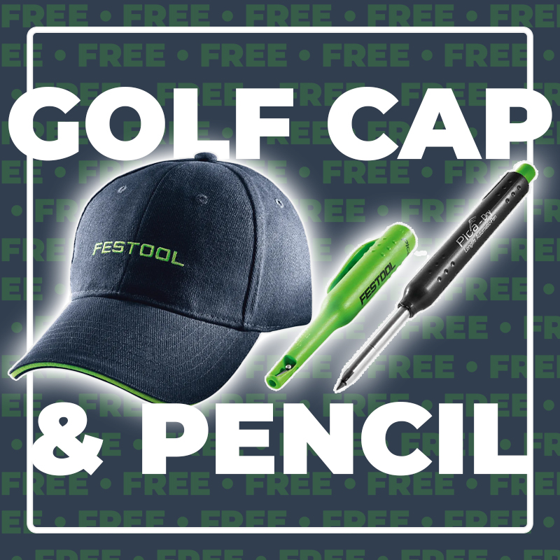 A dark blue Festool golf cap and two branded pencils (green and black), ideal for any Festool 577227 TID 18-Basic enthusiast.