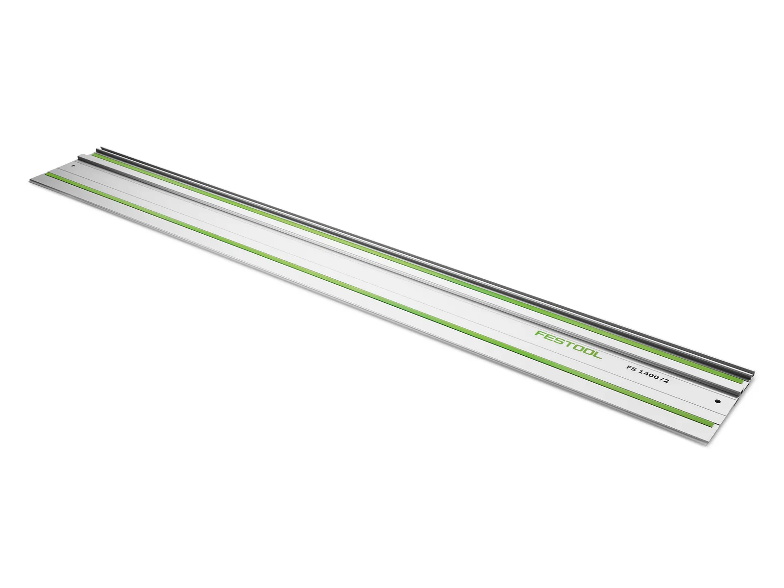 A Festool guide rail, silver with green accents, for power tools to ensure straight, precise cuts. Long, slim with rubber edges.