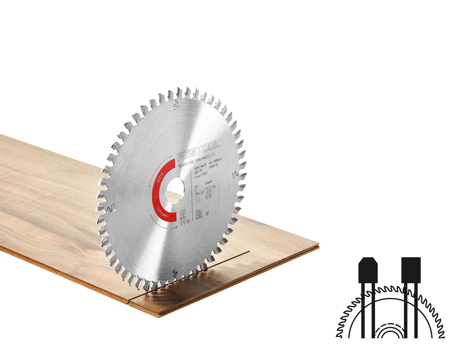 A circular saw blade cutting through a wooden board with a diagram of the blade’s teeth pattern in the bottom right corner.