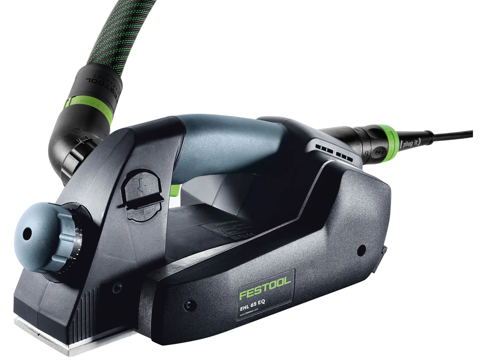 A black and gray Festool electric hand planer with ergonomic handle, power cord, dust hose, and green accents for smoothing wood.