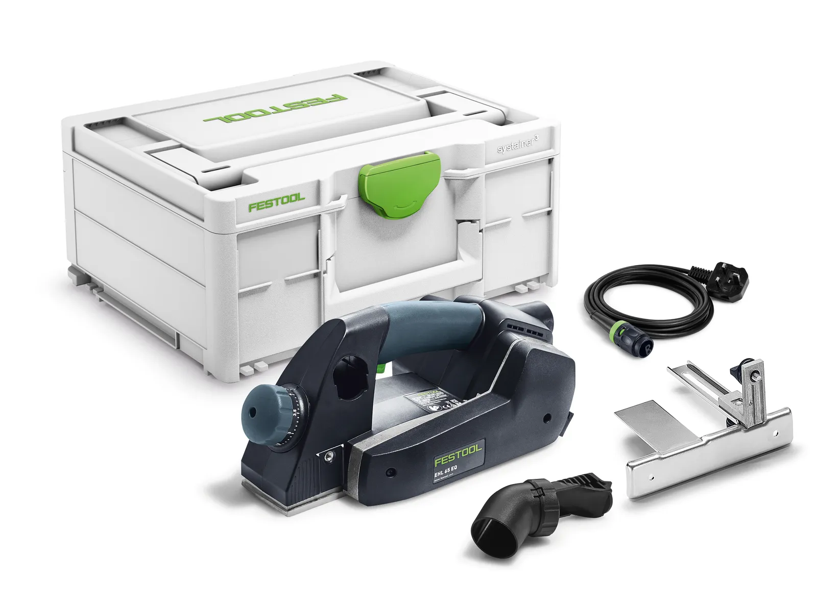 A Festool electric planer kit featuring a gray and black planer, white carrying case, power cable, dust attachment, and metal guide.