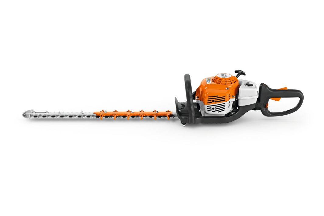 The Stihl HS82R-CE 24" Hedge Trimmer is shown on a white background with orange and white housing, black handle, and long silver blade.