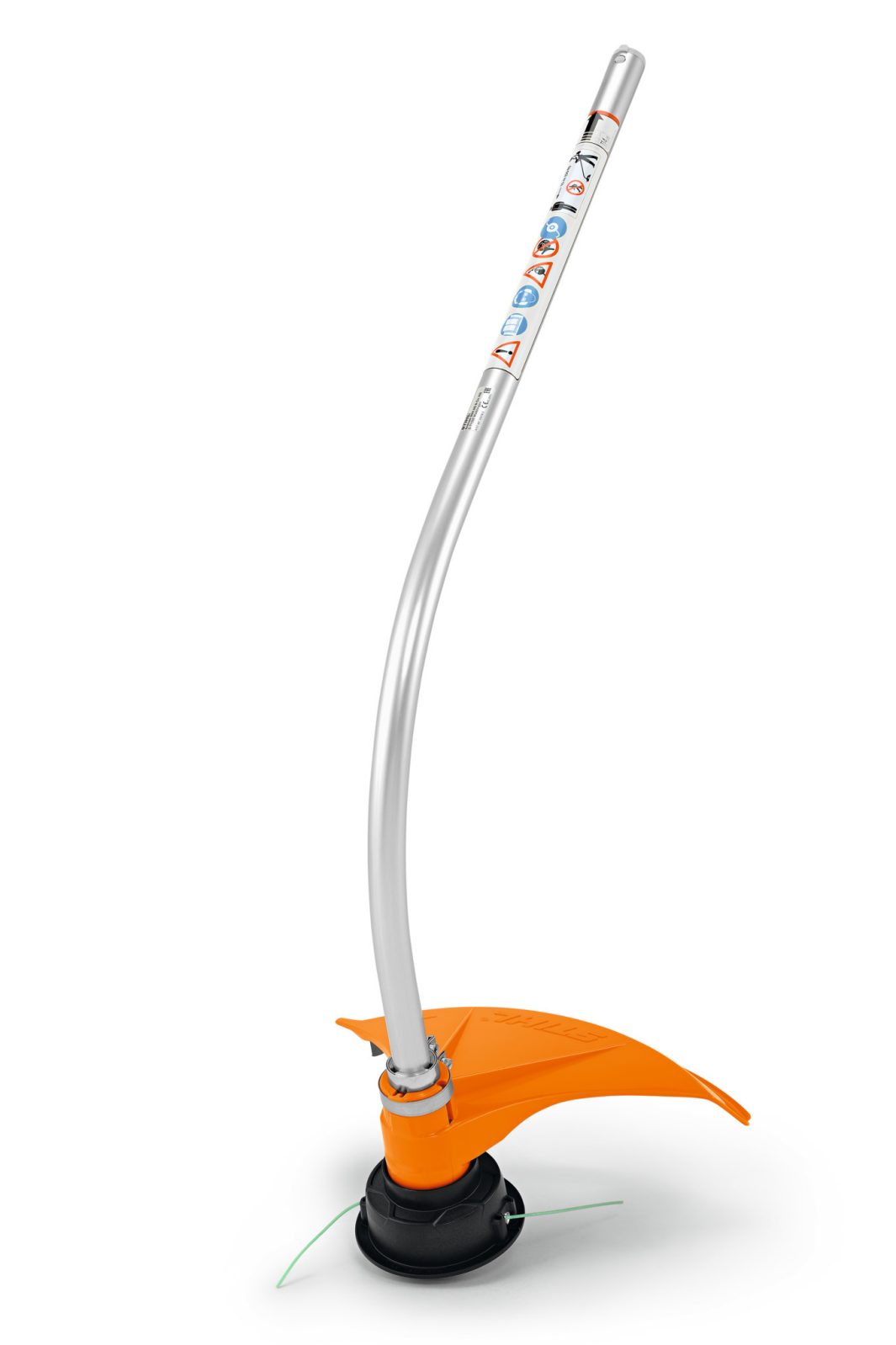 The Stihl FSB-KM Line Strimmer has a curved metal shaft, handle with safety warnings, and an orange guard over a black head with two green lines.