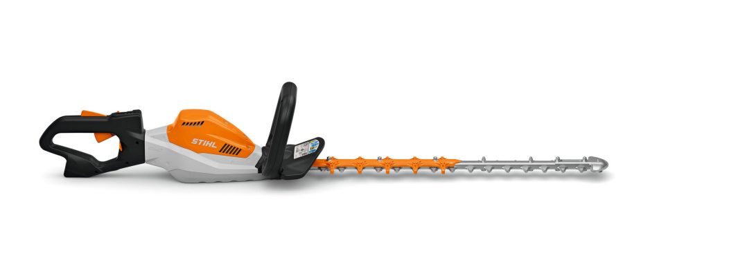 The Stihl HSA 130R cordless hedge trimmer has an orange and white body, black handle, and 30" silver blade on a white background.
