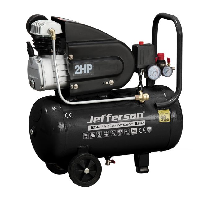 The Jefferson 25L 2.0HP Compressor 8 Bar 230v in black features pressure gauges, control knobs, and wheels for portability.