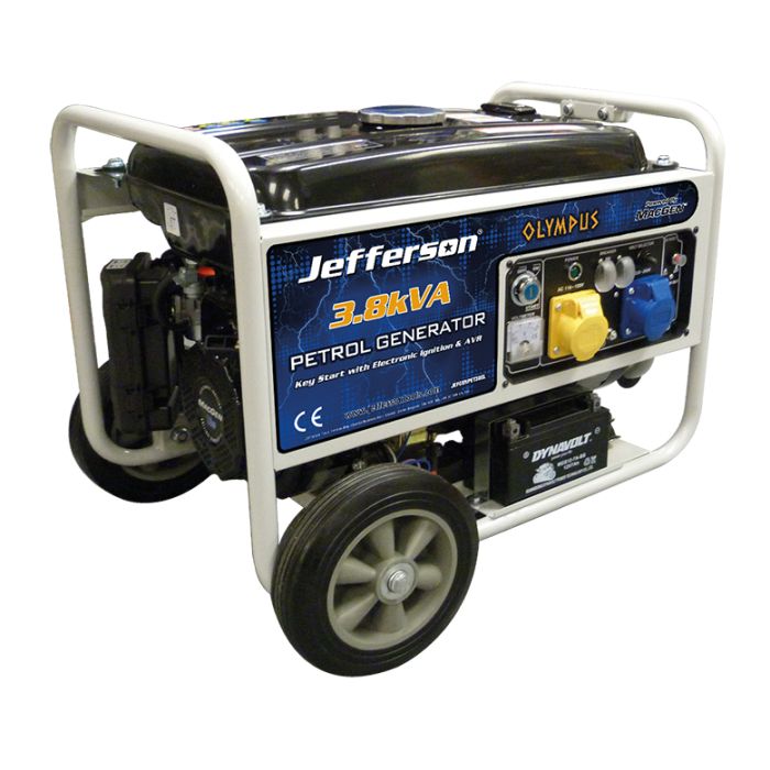 The Jefferson 3.8KVA Petrol Generator Electric Start features a black body, white frame, two large wheels, and front-facing controls.