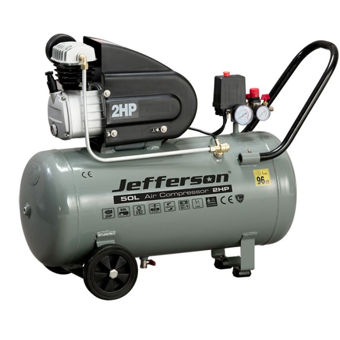 A Jefferson Jefferson JEFLD2001 50 Litre 2HP 8 Bar Compressor (110V) 25L 2.0HP Compressor, 8 Bar, 230v with a black handle and wheels for portability, on a white background.