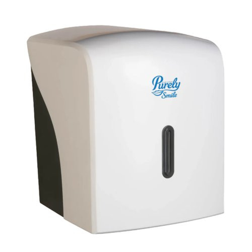 The Purely Smile Centrefeed Dispenser White is wall-mounted with a black accent, blue logo, and a vertical front window.