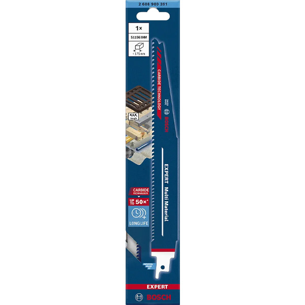 Bosch S1111DF Heavy for Wood and Metal Reciprocating Saw Blades, 5-pack, carbide technology. Blade partly visible in blue packaging.