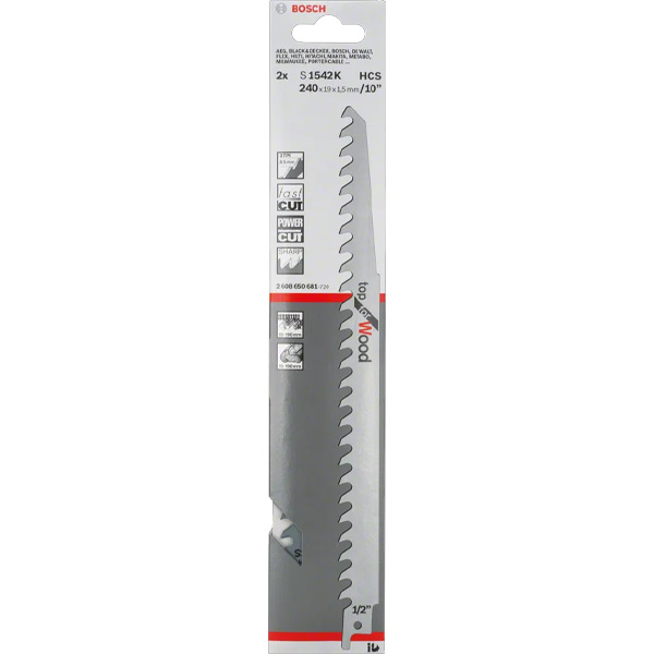 A Bosch S1111DF reciprocating saw blade pack with five blades, packaging indicates use for wood and metal, shown in black and red.