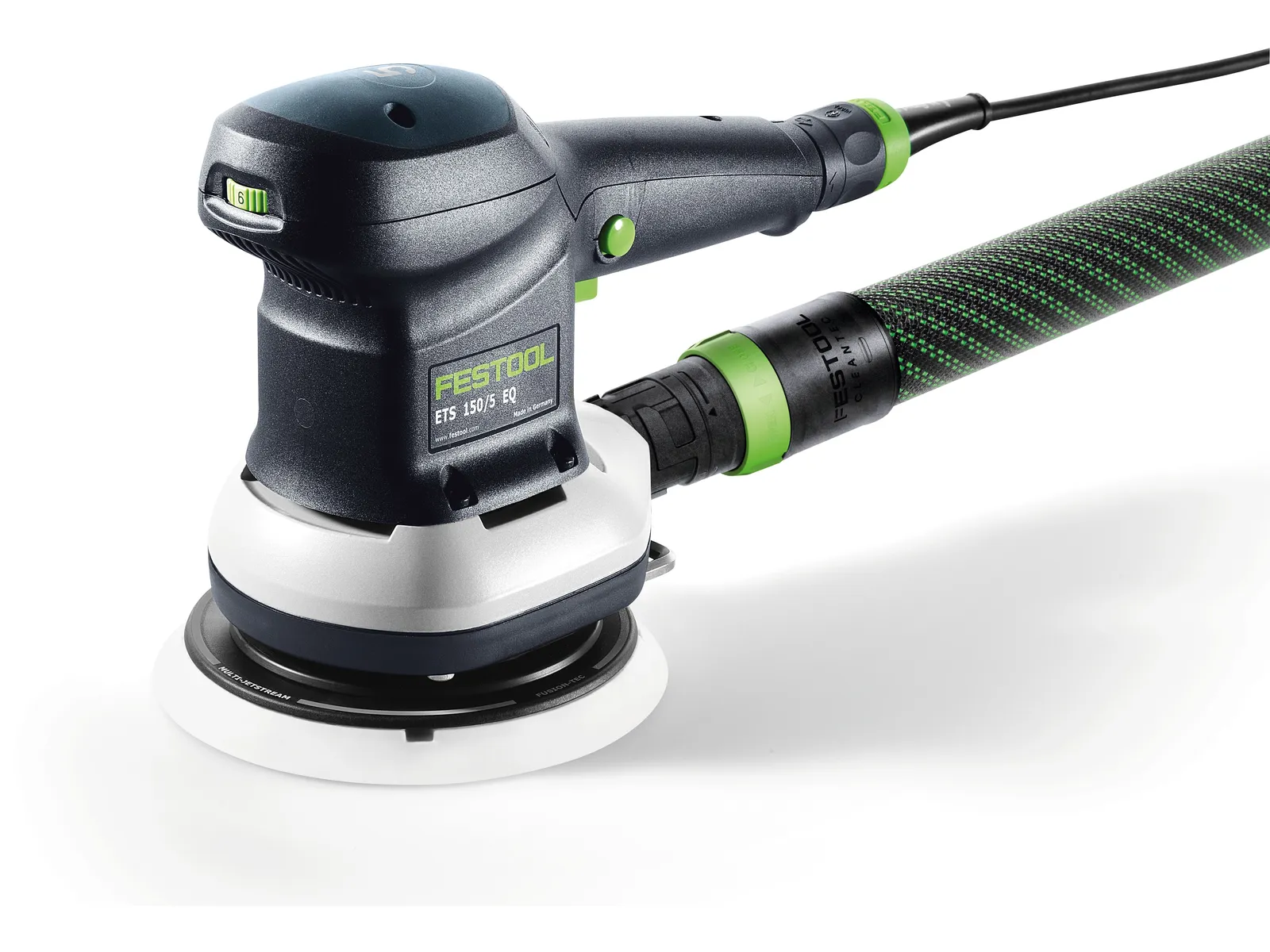 A Festool ETS 150/5 EQ electric random orbital sander with a black and green hose attached, on a white background.