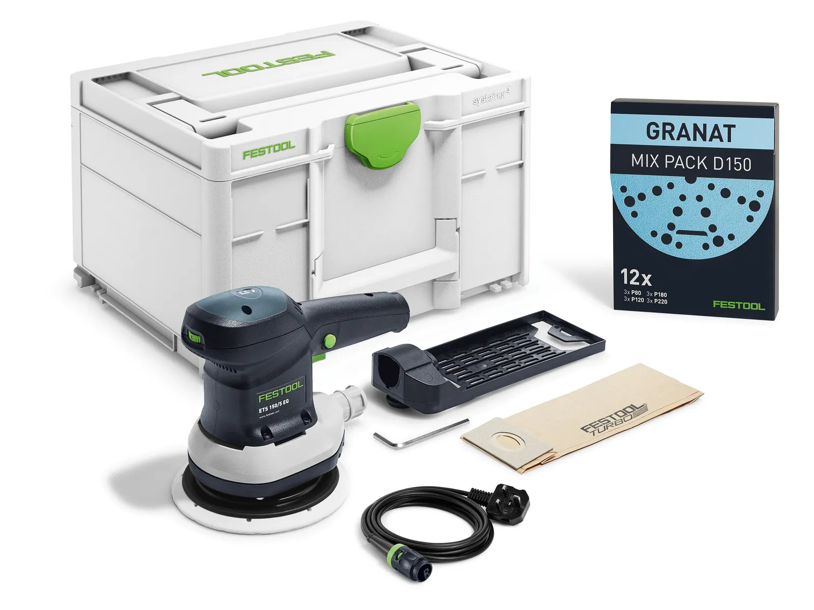 A Festool sander kit with a sander, power cord, dust bag, sanding discs, tool tray, and a white storage case with green accents.