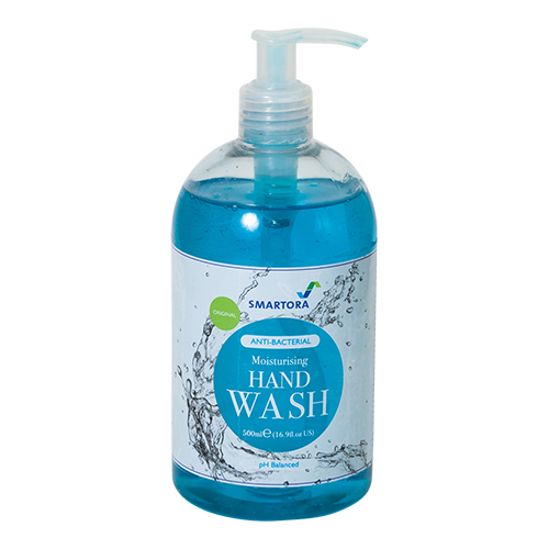 A 500ml clear plastic pump bottle of Smartora Original Anti-Bac Hand Soap, filled with blue liquid and labeled moisturising hand wash.