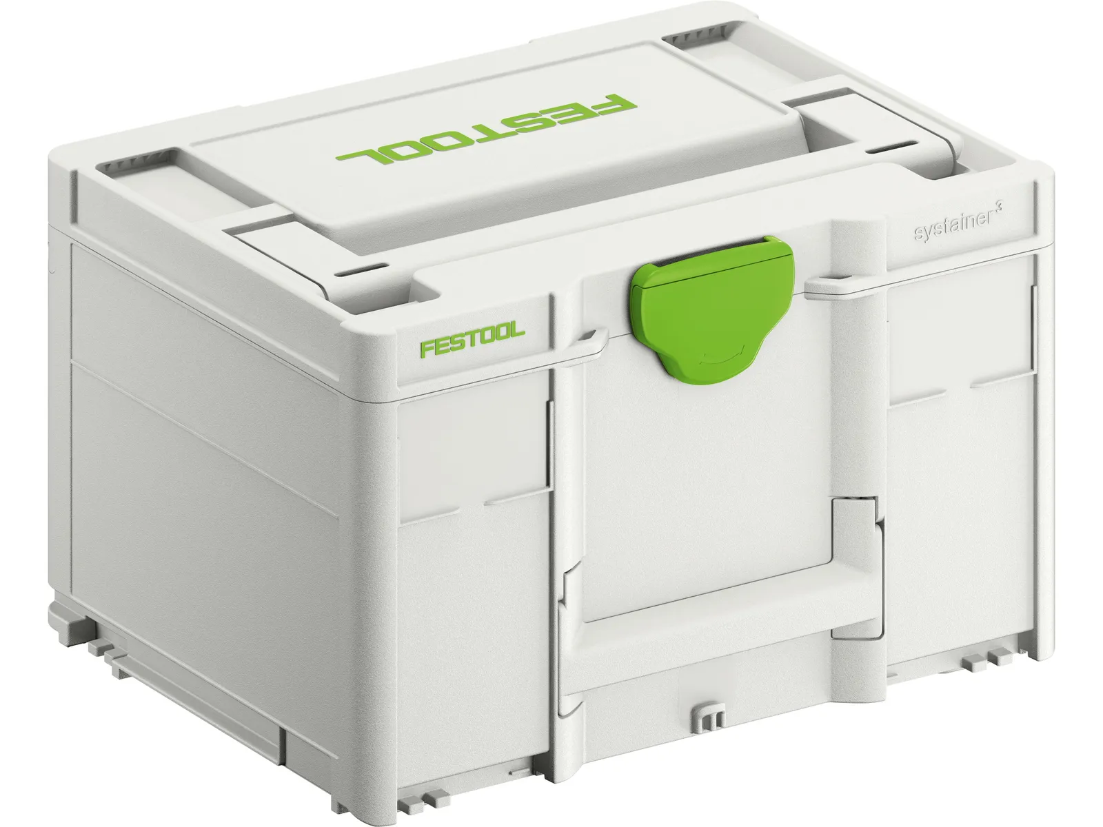 A white Festool Systainer storage box with a green latch, designed for organizing tools. Stackable and sturdy, with branding visible.