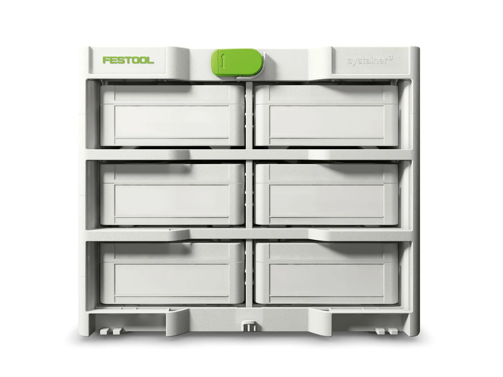 A six-drawer white and gray storage organizer with a green latch on top, designed for organizing and storing tools or accessories.