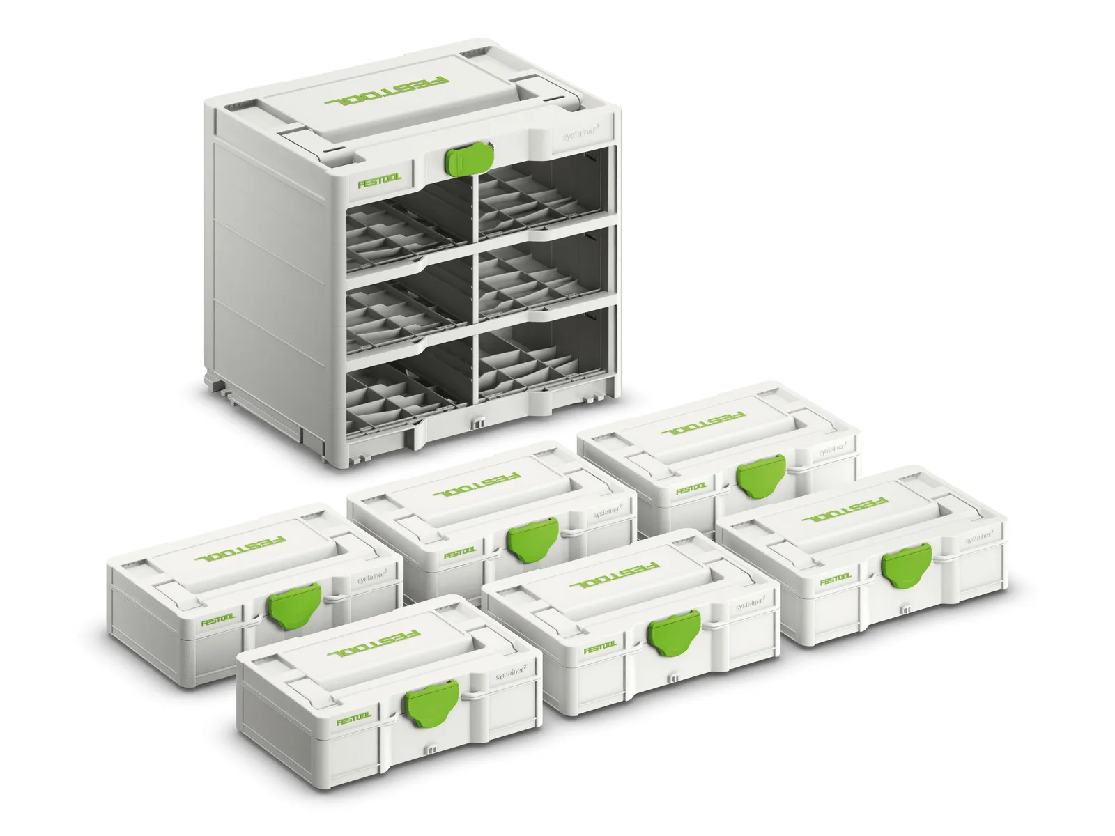 A modular storage system featuring a tall container with compartments and six smaller stackable boxes, all gray with green handles.