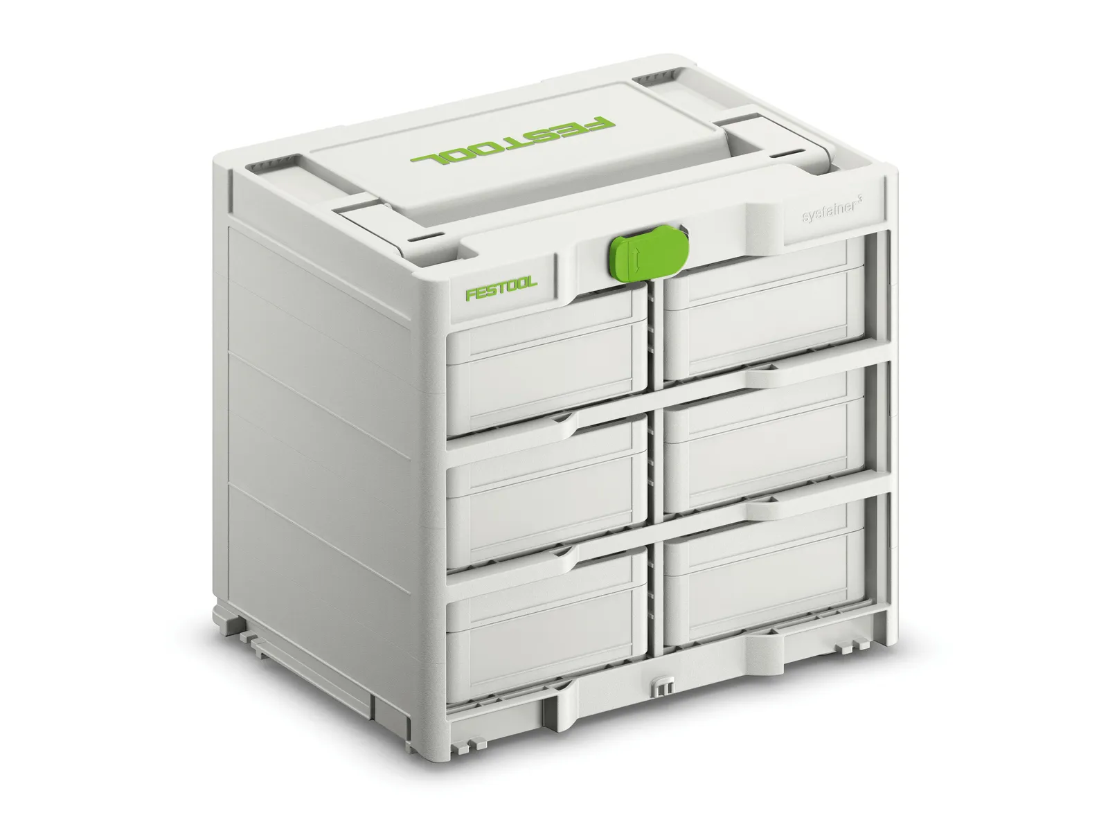A white modular storage box with six drawers and green accents, designed for organizing tools or small items.