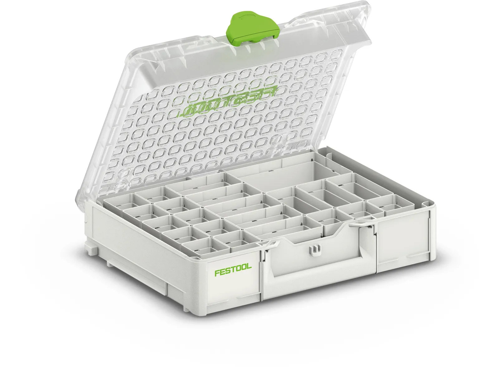 A white plastic organizer box with a transparent lid and green latch, featuring multiple adjustable compartments inside.