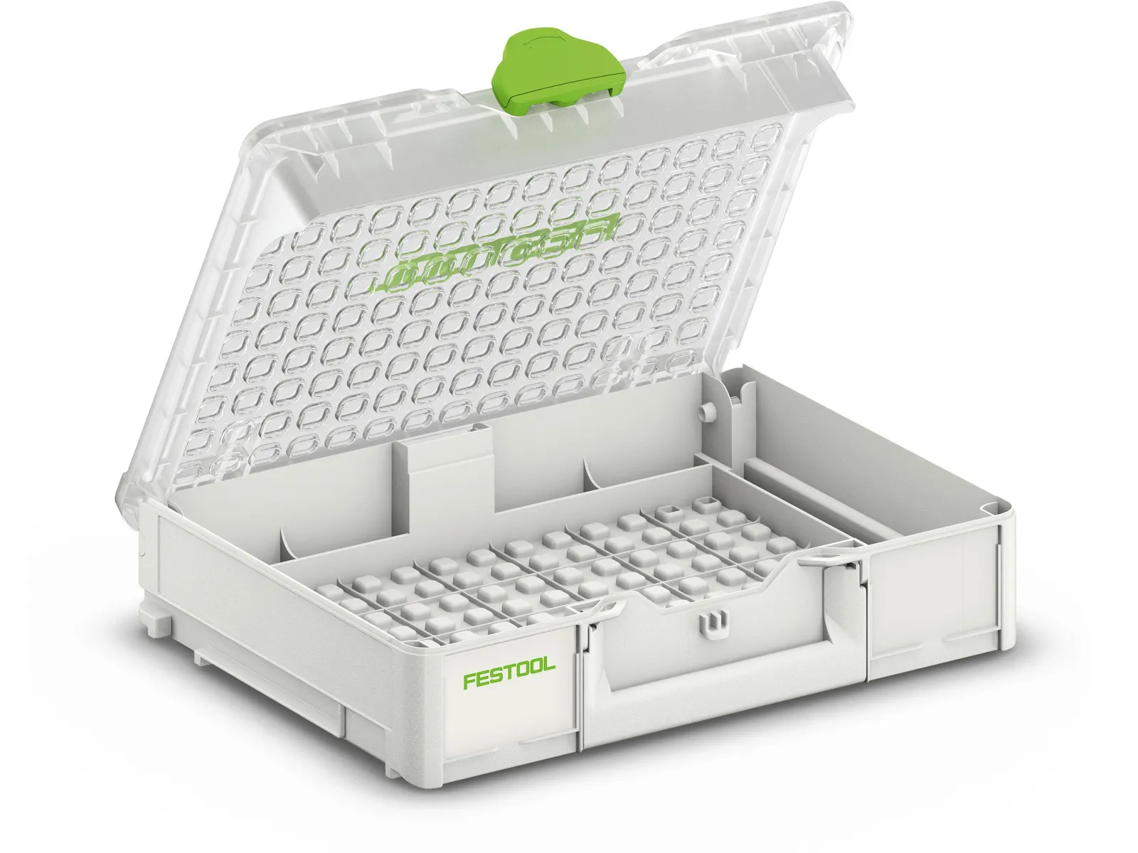 A white Festool storage case with green accents is open, showing a grid of round slots inside for organizing small items.