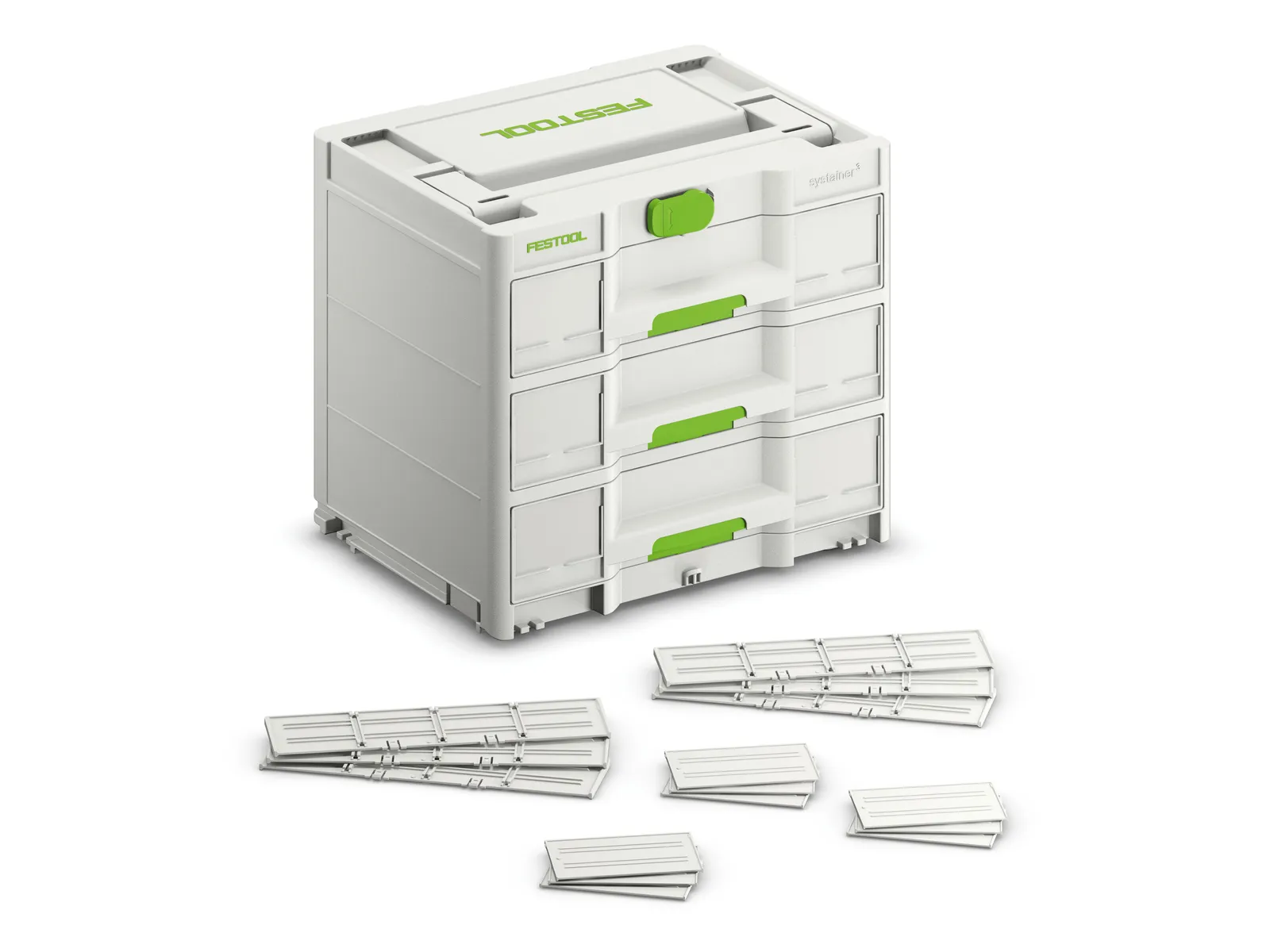 A white and green modular storage organizer with three drawers is shown with small rectangular plastic dividers in front of it.